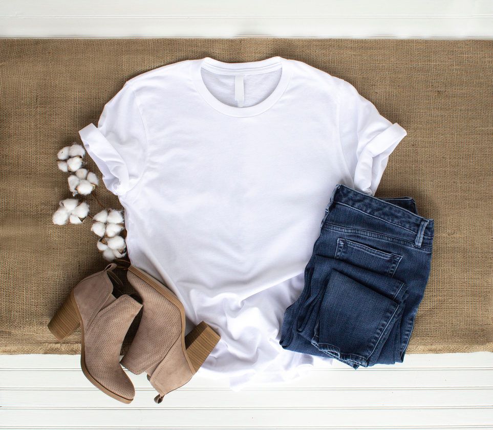 White shirt mockup - tshirt with cotton balls, burlap, boots - jeans